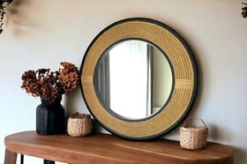 Resim Dfn Wood Siyah Çerçeveli Jut Halatlı Yuvarlak Dekoratif Duvar Salon Banyo Aynası 97 Cm Çap 