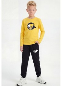 Resim Panios Kids Yuvarlak Yaka Sweatshirt Paça Lastikli Eşofman Alt Baskılı Uzun Kollu Erkek Çocuk Alt Üst Takım Sarı 
