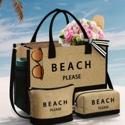 Resim 1/3 Adet Plaj Çantası Seti - El Çantası ve İki Makyaj Çantası, "BEACH PLEASE" Baskılı Desenli, Büyük Kapasiteli Omuz Çantası, Çok Amaçlı Günlük Kullanım Alışveriş Çantası, Seyahat, Tatil, Kamp, İş İçin Yeniden Kullanılabilir 
