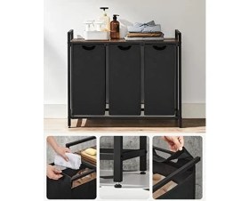 Resim Çamaşır Sepeti, 3 Bölmeli Çamaşır Sepeti, Çıkarılabilir Çamaşır Torbaları, Çamaşır Sıralayıcı, Raf, Metal Çerçeve, 3 x 38L, 92,5 x 33 x 72 Cm, Rustik Kahverengi ve Siyah BLH301B01 
