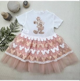 Resim 1-2-3 Yaş Payetli Mickey Baskılı Brode Etekli Kız Bebek Elbisesi Pudra Pudra 