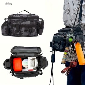Resim 1 adet olta çantası, olta tutucu ve ekipman organizatörü ile çok bölmeli depolama alanı, omuz çantası, açık hava kampçılığı ve balık avı gezileri için ideal mükemmel balıkçı hediyesi, outdoor balıkçılık sırt çantası 
