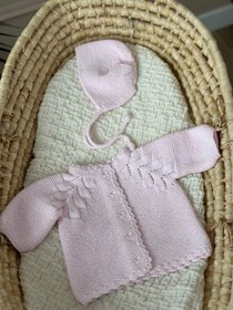 Resim Düğmeli El Örgüsü Bebek Hırka Şapka Seti - 3-6 ay / Pembe 