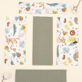Resim 5'li Omuz Mendili Set - Haki Muslin - Hayvanat Bahçesi 