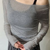 Resim Şık Omuz Açık Fırfırlı Etek Üstü - Günlük Uzun Kollu, Yarı Şeffaf Polyester Bluz Dantel Detaylı, Makinede Yıkanabilir - Düz Renk Gri 