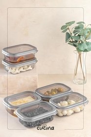 Resim 6lı Büyük Boy Dikdörtgen Plastik Kapak Kahvaltılık Seti 400 ml Antrasit Erzak Kavanoz Seti 