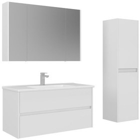 Resim Orka Arno 100 Cm Parlak Beyaz Çekmeceli Banyo Dolabı Takımı Ve Boy Dolabı Beyaz 