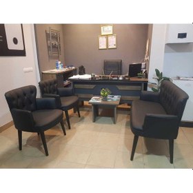 Resim Siyah Deri Ahşap Ayaklı Ofis Koltuğu Bekleme Salonu Koltuğu Misafir Koltuğu Kafe Sandalyesi 2+1+1 