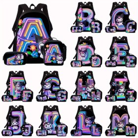 Resim 3parçass Set Sevimli Karikatür Mor for kuromi Harf Sırt Çantası Seti 26 Harf "A~Z" Temalı Çiçek Desenli Sırt Çantası 3parçass Set Erkek ve Kadın Moda Baskılı Çanta 3parçass Set Günlük Hayat veya Seyahat İçin Mükemmel Seçim Festival İçin Mükemmel Hediye 
