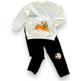 Resim 6-9-12-18 Ay Köpek Baskılı Pamuk Penye Kumaş Erkek Bebek Takımı Siyah Çok Renkli 