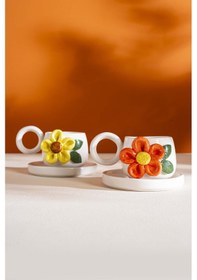 Resim Rivaistanbul Renkli Papatya Amore El Yapımı Seramik İkili Türk Kahvesi Fincan Takımı Krem 