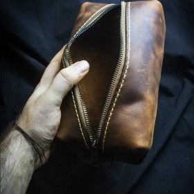Resim El Yapımı Hakiki Deri Dopp Kit Crazy Deri, Fermuarlı Seyahat Çantası 