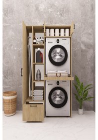 Resim Mdf Çamaşır Makinesi Ve Kurutma Makinesi Dolabı Ütü Masalı Ahşap Lefkas Meşe 