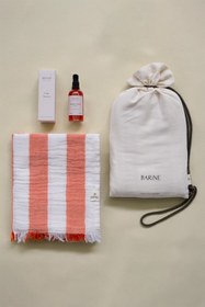 Resim Striped Gauze Peştemal ve Goddess Vibes Kuru Yağ Hediye Seti Turuncu, Taşıma Çantalı 
