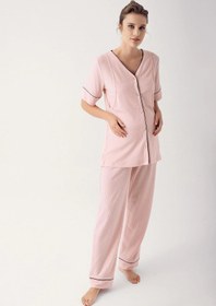 Resim Düğmeli Kısa Kollu Esnek Viskoz Hamile Pijama Takımı 14209 - Bej / XL 