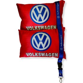 Resim Volkswagen Dijital Baskılı Kırmızı Araç Boyun Yastık 2'li Set Volkswagen Mavi Oto Ayna Askısı Kırmızı 