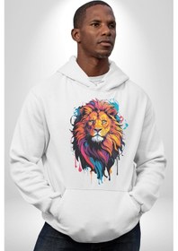 Resim Renkli Yağlı Boya Aslan Kadın Erkek Beyaz Kapüşonlu Sweatshirt Hoodie Beyaz 