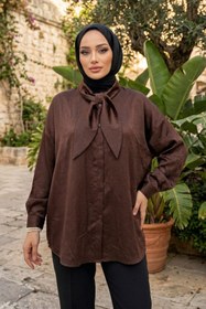 Resim adamila Kadın Kahve Fiyonk Detaylı Saten Oversize Tesettür Tunik Gömlek Uzun Kollu Şık Günlük Trend Tunik 