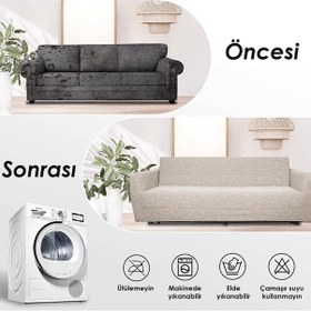 Resim Jakarlı Düz Desen Likralı Esnek Yikanabilir Koltuk Örtüsü 3+2+1+1 Koltuk Takımı Koltuk Kılıfı Vizon 