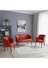 Resim Azra Mobilya Papatya Deri Berjer Takımı 2 Tekli + 1 İkili Koltuk Balkon Ofis Kafe İçin Demonte Ayaklı Kırmızı Kırmızı 