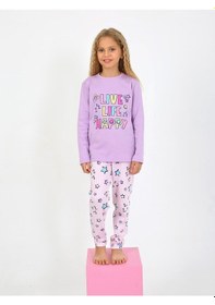 Resim Kız Çocuk Uzun Kollu %100 Pamuklu Pijama Takımı Happy Life Lila 