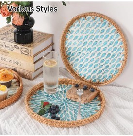 Resim Morponi 2'li El Yapımı Doğal Rattan Tepsi Sedef Desenli Yuvarlak Sunum Tepsisi Şık Servis Tepsisi 30-33 Cm Mavi Kahverengi 