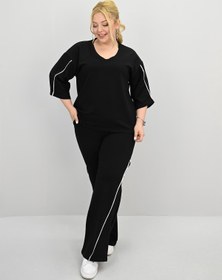 Resim Kadın Büyük Beden Kısa Kollu V Yaka Ara Biye Detaylı Eşofman Takımı 8181-25 - XL / Saks Mavi 