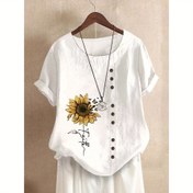Resim Kadınlar için Rahat Kısa Kollu Düğmeli Gömlek, Çiçek Desenli, Yuvarlak Yaka ve Göğüs Cebi - Siyah, Tüm Mevsimler İçin Rahat, Makinede Yıkanabilir, Bayan T-Shirt 