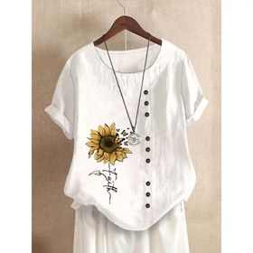 Resim Kadınlar için Rahat Kısa Kollu Düğmeli Gömlek, Çiçek Desenli, Yuvarlak Yaka ve Göğüs Cebi - Siyah, Tüm Mevsimler İçin Rahat, Makinede Yıkanabilir, Bayan T-Shirt 