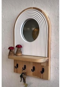 Resim Aynalı Ahşap Duvar Hol Anahtar Askısı, Minimalist Dekoratif Modern Anahtarlık Natürel 