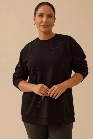 Resim Galaxi Kadın Büyük Beden Nakış Detaylı Boncuklu Sweatshirt 4005 Siyah Siyah 
