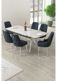 Resim Canisa Nis Serisi 89x150 Açılabilir Lak Panel Beyaz Mermer Desen Masa Takımı 6 Antrasit Sandalye Beyaz Mermer Desen Masa Sandalyeler Antrasit 