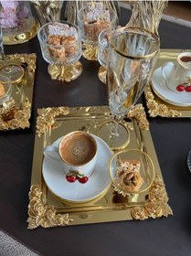 Resim Atabey Home Collection Tekli 1 Adet Kahve & Çay & Sunum Tepsisi Metal Döküm Kare Gold Tepsi Gül Model 