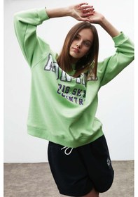 Resim Grimelange Ramona Kadın Oversize Yumuşacık İçi Polarlı Organik Pamuklu Baskılı Yuvarlak Yakalı Yeşil Sweatshirt Yeşil 