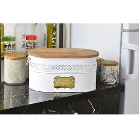 Resim Evistro Metal Ekmeklik Ahşap Kapaklı Hasır Kulplu Ekmek Kutusu Beyaz 