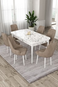 Resim Canisa Eta Serisi 80x132 Mdf Beyaz Mermer Desenli Açılabilir Masa 6 Cappucino Sandalye Mutfak Masası Takımı 