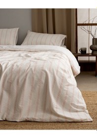 Resim Madame Coco Linda Çizgili Çift Kişilik %100 Pamuk Yıkamalı Gofre Nevresim Takımı - Beyaz/mercan Çok Renkli 