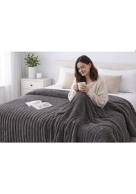 Resim 180x220 Cm Çift Kişilik Polyester Battaniye Yumuşak Dokulu, Kışlık Antrasit 