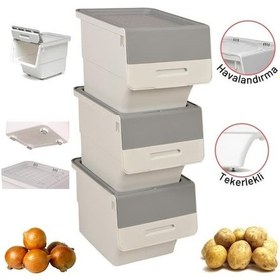 Resim Motek Tekerlekli Patateslik Soğanlık Oyuncak Kutusu Patateslik Soğanlık Sepeti 3x12lt Beyaz+gri 