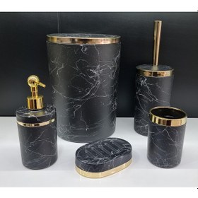 Resim Akrilik Gold Çizgi Siyah Mermer Soft Yuvarlak Banyo Seti Siyah 