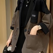 Resim Kadınların Şık Renk Bloğu Blazer Ceketi - Şık Yaka Yaka, Cep Detaylı Uzun Kollu, Rahat Bahar/Sonbahar Dış Giyim, Siyah ve Kahverengi İki Tonlu Tasarım, Bahar Dış Giyim | Yaka Yaka Ceketi | Yapısal Tasarım 