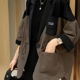 Resim Kadınların Şık Renk Bloğu Blazer Ceketi - Şık Yaka Yaka, Cep Detaylı Uzun Kollu, Rahat Bahar/Sonbahar Dış Giyim, Siyah ve Kahverengi İki Tonlu Tasarım, Bahar Dış Giyim | Yaka Yaka Ceketi | Yapısal Tasarım 