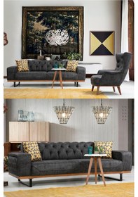 Resim Merly Chester Koltuk Takımı 3 1 & Genişleyebilir Kapitoneli Koltuk - Antrasit Keten Kumaş 