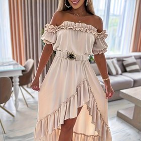 Resim Kadınlar İçin Seksi Omuz Açık Fırfırlı Uzun Kollu Elbise - Hafif %100 Polyester Vücuda Oturan Üst & Esnek Etek, Yarı Şeffaf Tek Renk, Makinede Yıkanabilir İlkbahar/Yaz Parti ve Günlük Elbise 