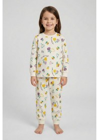 Resim Magnifi Ove Yazılı Lale Baskılı Kız Çocuk Pijama Takımı Ekru 