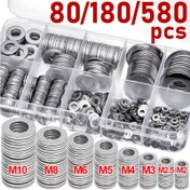 Resim 80/180/580 adet paslanmaz çelik düz pul sıyırma seti (M2 M2.5 M3 M4 M6 M8 M10 M12) çok amaçlı tamir için uygun 