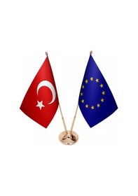 Resim Masa Üstü Avrupa Birliği Bayrağı Türk Bayrağı İkili Pirinç Direk 