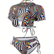 Resim Y2K Kadınlar için Zebra Desenli Sırtı Açık Mayo Takımı Bikini Seti Plaj Bikini Seti Mayo Müzik Festivali Yaz 