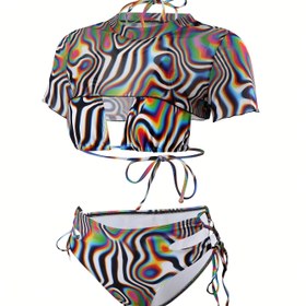 Resim Y2K Kadınlar için Zebra Desenli Sırtı Açık Mayo Takımı Bikini Seti Plaj Bikini Seti Mayo Müzik Festivali Yaz 