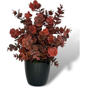 Resim Yapay Çiçek Siyah Saksıda Okaliptus Şimşir Demeti Pudralı Pastel Bordo Dekoratif Yapay Bitki 